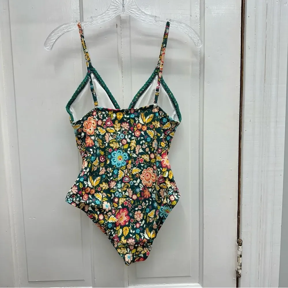 NWOT LOFT beach dark‎ teal bright floral 1 one piece swimsuit women's 6